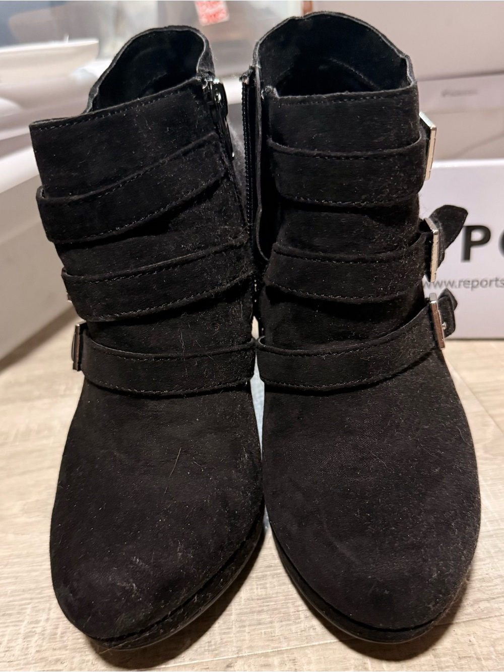 Report Black Suede Buckle Strap Ankle Booties
